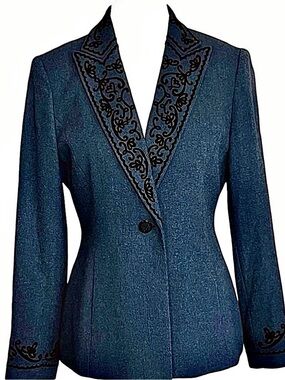 Kasper Vintage Gray Blazer Jacket Velvet Flocked Filigree Size 4P MSRP $150